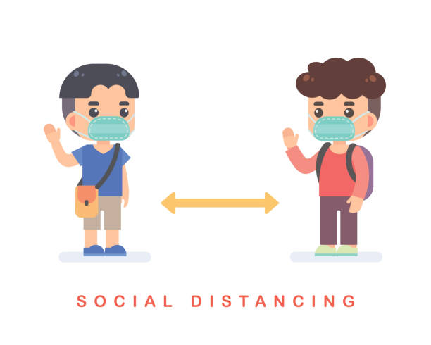 ilustraciones, imágenes clip art, dibujos animados e iconos de stock de concepto de distanciamiento social. los adolescentes llevan las máscaras protectoras, saludando y manteniendo la distancia para protegerse de covid-19 coronavirus. ilustración de diseño plano vectorial sobre fondo blanco. - child lifestyles isolated blue