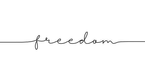 Continuous line drawing freedom text. Word phrase lettering with script font. Minimalist design isolated on white background for banner, poster, and t-shirt.
