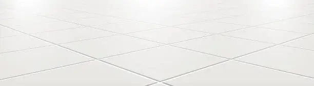 Vector illustration of Ceramic tiles in the kitchen or bathroom on the floor 3d. Realistic white square terracotta. Perspective and light - vector illustration.