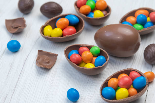istock Chocolate Easter eggs and chocolate eggs filled with sweet and colorful candies 1217834277