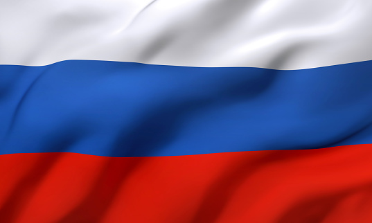 Flag of Russia blowing in the wind. Full page Russian flying flag. 3D illustration.