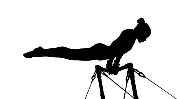 girl gymnast exercise on uneven bars girl gymnast exercise on uneven bars gymnastics. black silhouette gymnastics stretches stock illustrations