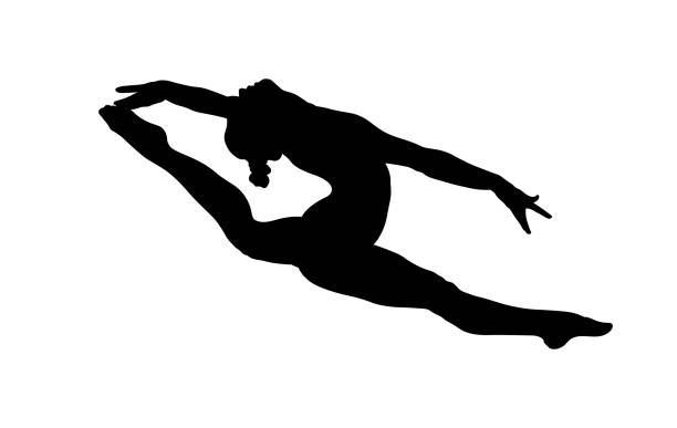 girl gymnast split girl gymnast split in jump gymnastics. black silhouette gymnastics stretches stock illustrations