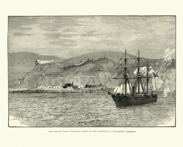 Warship firing on the garrison, Valparaiso harbour, Chilean Civil War Vintage engraving of a scene from the Chilean Civil War of 1891.  Warship firing on the garrison in Valparaiso harbour ironclad stock illustrations