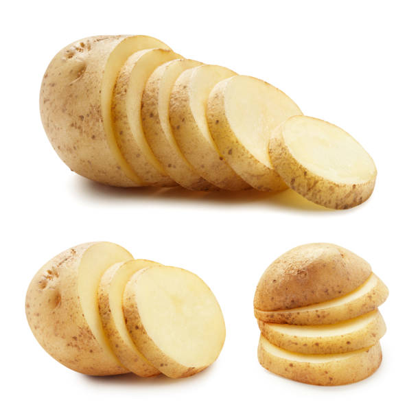 白のスライスポテトセット - young potatoes ストックフォトと画像