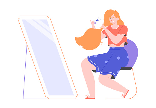 Cute red-haired girl makes a DIY haircut at home. Sits in front of a mirror with scissors. Quarantine self-reliant hair care. Vector flat illustration.