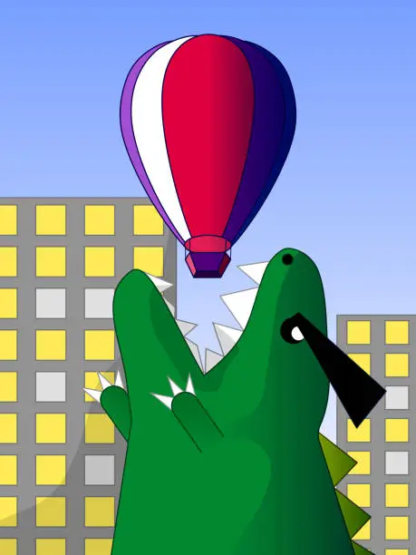 Vector illustration of Funny hand-drawn cartoon illustration - Big dinosaur in the city.