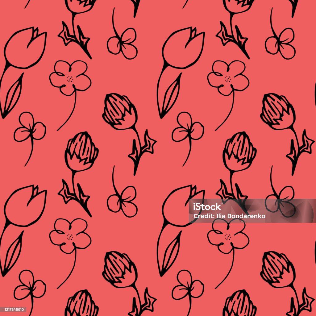 Red Floral Seamless Pattern Vector Doodle For A Summer Fun Mood Stock ...