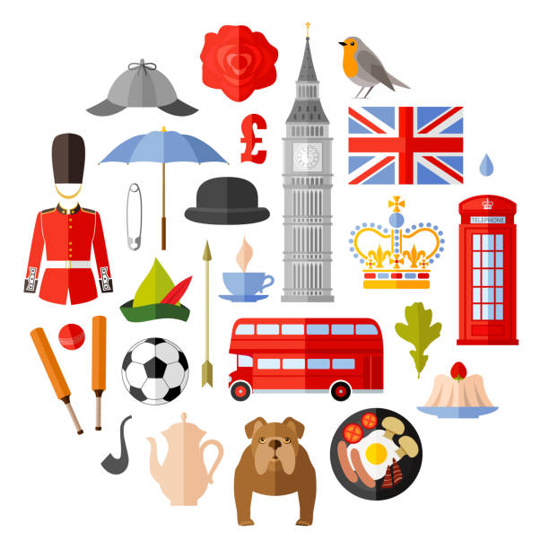 Symbols, icons and attributes of Great Britain. UK attributes set. Vector in flat style. England symbol set in flat style. UK vector attributes. Most famous symbols and sights of the country. Collection of icons on the theme of travel in the UK london memorabilia stock illustrations