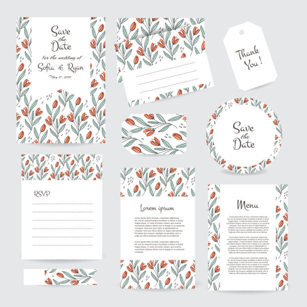 ilustrações de stock, clip art, desenhos animados e ícones de gentle wedding cards template with flower design - 5943