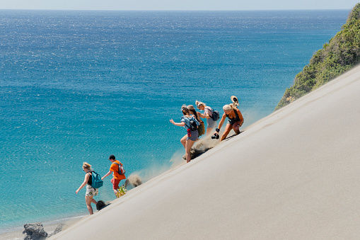 A group of friends are running down a sand dune, having fun in the sun on their summer holidays.