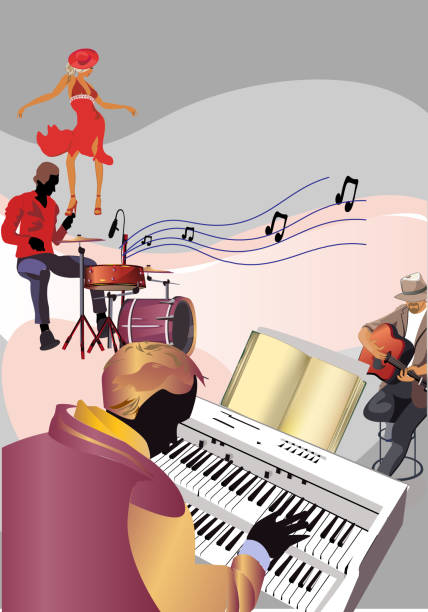 istock Abstract colorful musical poster design with musicians and musical waves. 1217849871