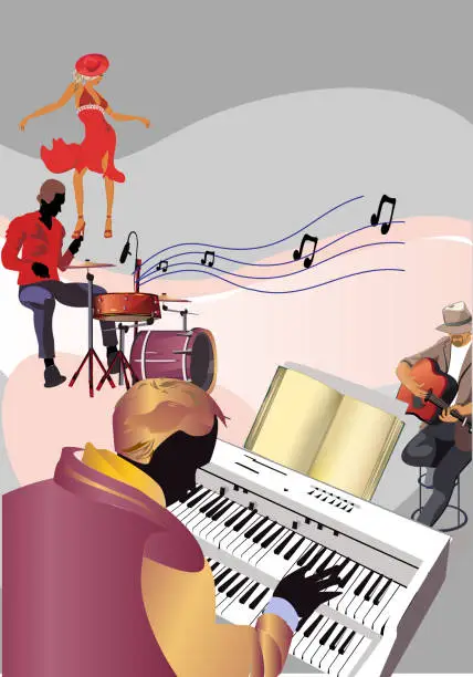 Vector illustration of Abstract colorful musical poster design with musicians and musical waves.