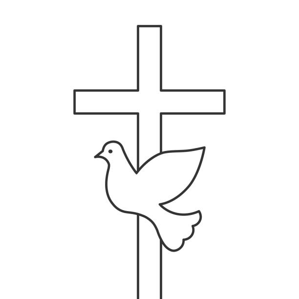 Flying dove and cross concept, blank outline and line art Flying dove and cross concept. Blank silhouette, outline and line art isolated on white background. whitsun stock illustrations