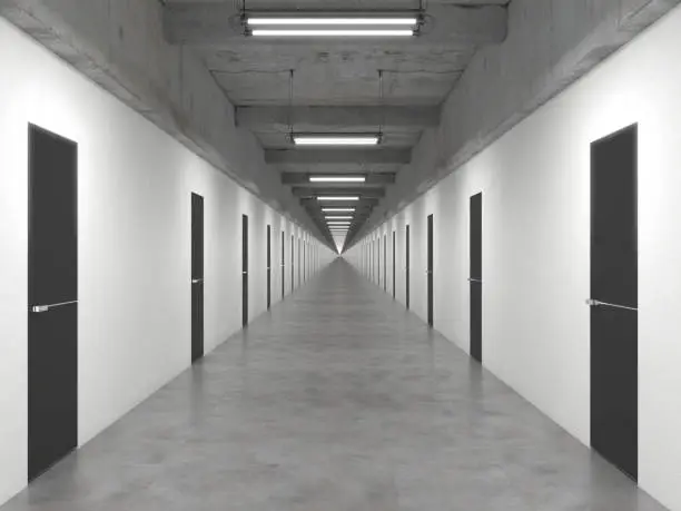 An endlessly long corridor with many closed identical doors in a row. The corridor without beginning and end. Interior in loft style. Creative concept. 3D rendering illustration