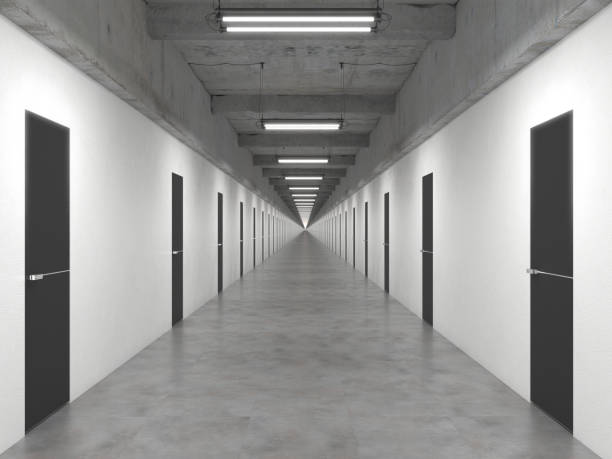 en oändligt lång korridor med många stängda identiska dörrar i rad. korridoren utan början och. interiör i loftstil. kreativt koncept. 3d-rendering illustration. - evighet bildbanksfoton och bilder