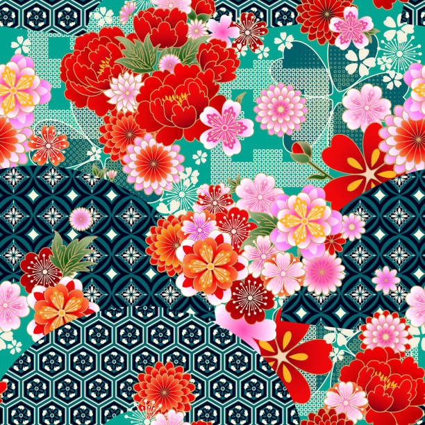 Seamless spring japanese pattern with classic floral motif and fans Seamless spring japanese pattern with classic floral motif and fans chinese tapestry stock illustrations