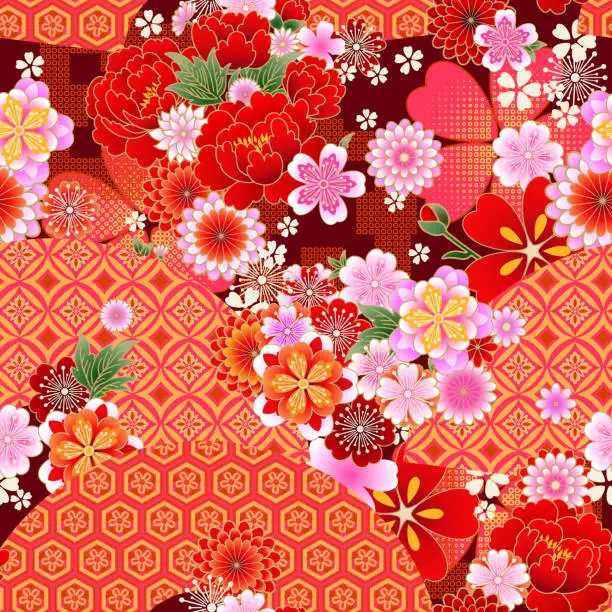 Vector illustration of Seamless spring japanese pattern with classic floral motif and fans