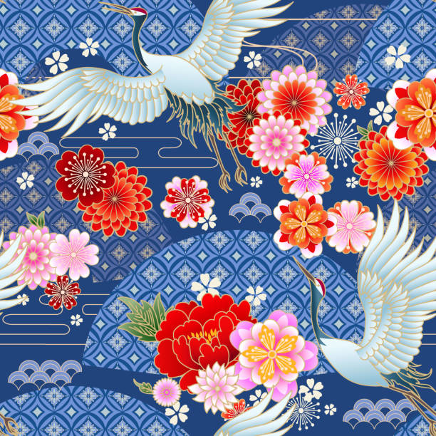 Seamless spring japanese pattern with classic floral motif,fans and cranes Seamless spring japanese pattern with classic floral motif,fans and cranes chinese tapestry stock illustrations