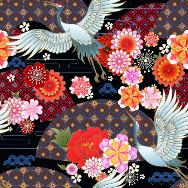 Seamless spring japanese pattern with classic floral motif,fans and cranes Seamless spring japanese pattern with classic floral motif,fans and cranes chinese tapestry stock illustrations