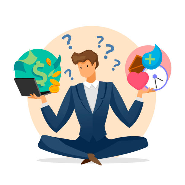 istock Cartoon Color Character Person Health Care vs Work Conflict Concept. Vector 1217854166