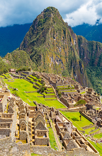Vertical photograph of the Inca Ruin Machu Picchu, Cusco, Peru.