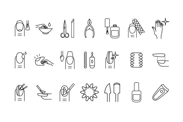 illustrazioni stock, clip art, cartoni animati e icone di tendenza di nail manicure sign black thin line icon set. vettore - manicure