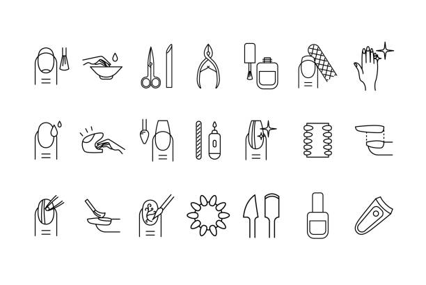 stockillustraties, clipart, cartoons en iconen met nail manicure teken zwarte dunne lijn pictogram set. vector - pedicure