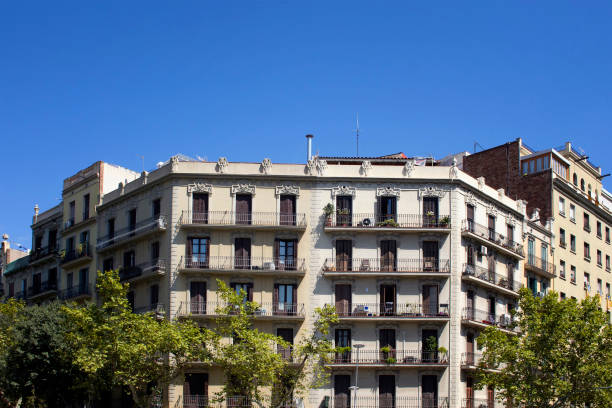 view of traditional, historical, typical residential buildings - sunny apartment window sky imagens e fotografias de stock