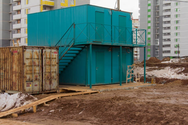 istock New turquoise construction trailer for workers. Household town 1217857578