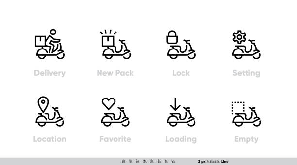 ilustraciones, imágenes clip art, dibujos animados e iconos de stock de envío de entrega en línea icono establecido para el sitio web y las aplicaciones del servicio de pedidos de alimentos. ubicación de la bicicleta, cargando. diseño de línea editable vectorial - ciclomotor