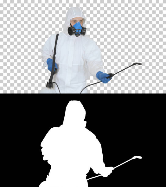 Man in a hazmat walking in and using disinfectant, Alpha Channel On Alpha Matte. Medium shot. Walk in and out of the frame. Man in a hazmat walking in and using disinfectant, Alpha Channel. Professional shot backpack sprayer stock pictures, royalty-free photos & images