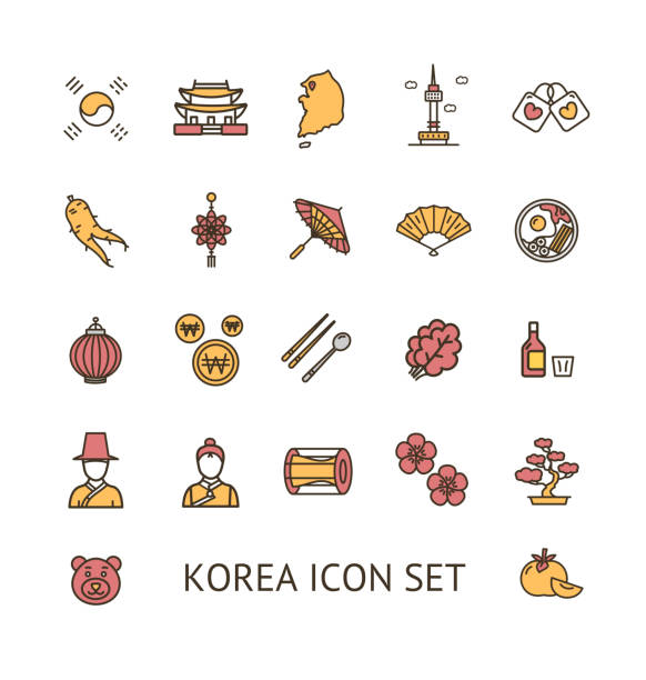 ilustrações de stock, clip art, desenhos animados e ícones de korea sign color thin line icon set. vector - korean peninsula