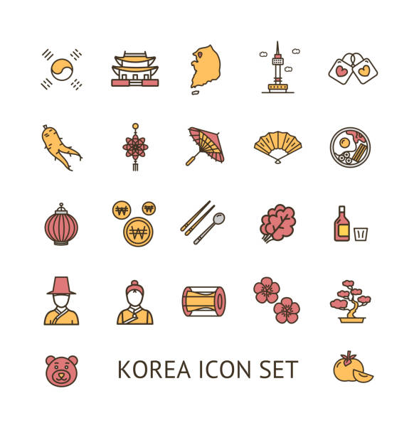 Korea Sign Color Thin Line Icon Set. Vector Korea Sign Color Thin Line Icon Set Include of Tower, Costume and Bibimbap. Vector illustration of Icons korean icon stock illustrations