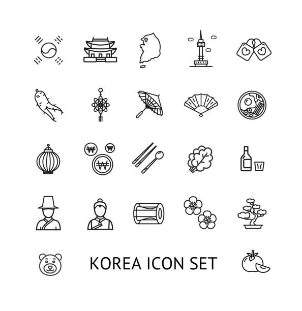 Korea Sign Black Thin Line Icon Set. Vector Korea Sign Black Thin Line Icon Set Include of Palace, Ginseng and Flower. Vector illustration of Icons korean icon stock illustrations