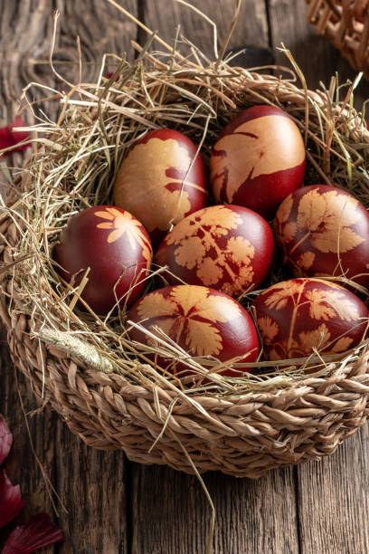 istock Easter eggs dyed with onion peels with a pattern of herbs in a basket 1217862757