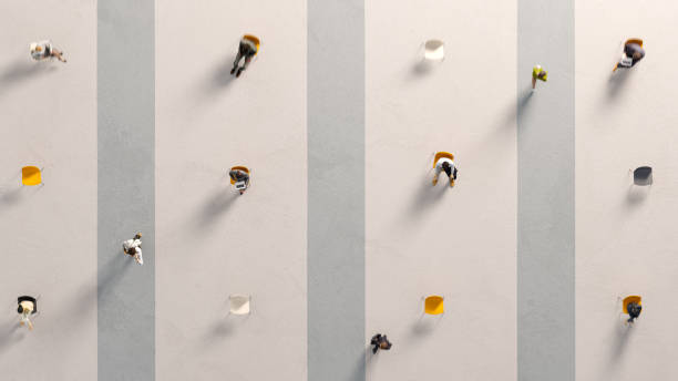 Social distancing in a public space High angle view of people waiting in a public space, sitting apart and practicing social distancing. All elements in the scene are 3D aerial view of people stock pictures, royalty-free photos & images