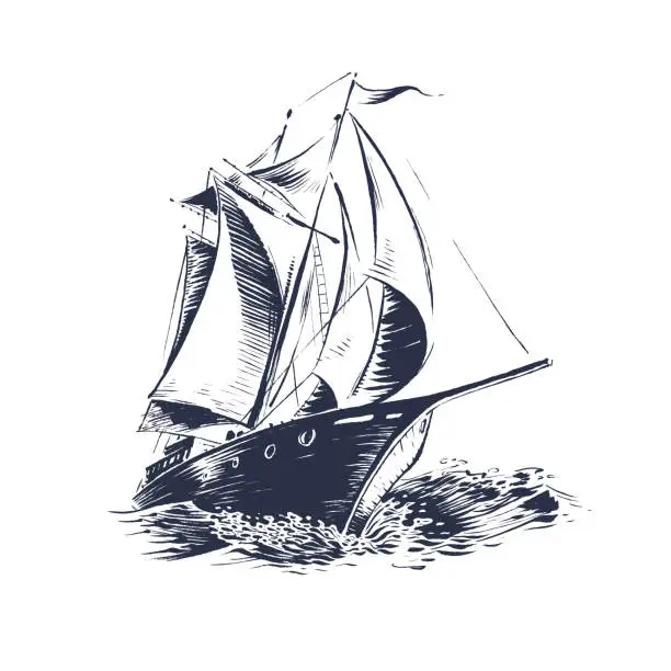 Vector illustration of sailing ship wood cut