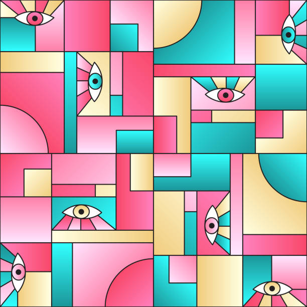 istock Flat pattern with eyes in geometric shapes grid mondrian avant garde fashion textile print. 1217865525