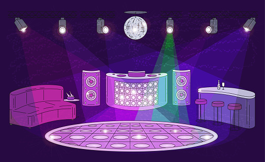 Night club interior with empty dance floor, spot lights, DJ booth and alcohol bar inside dark room. Nightclub with nobody inside - flat vector illustration.