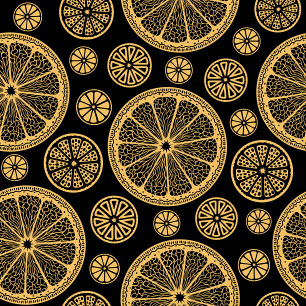 ilustrações de stock, clip art, desenhos animados e ícones de golden lemon slices on black - seamless vector wallpaper - gold golden part of black