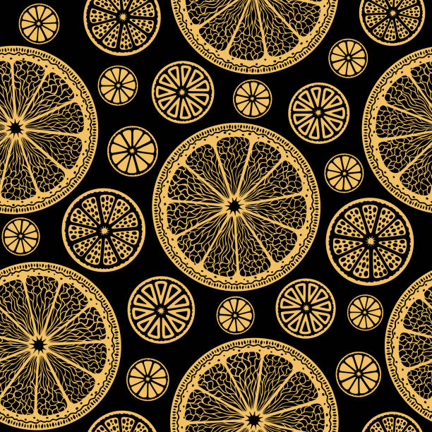 Golden lemon slices on black - seamless vector wallpaper vector art illustration
