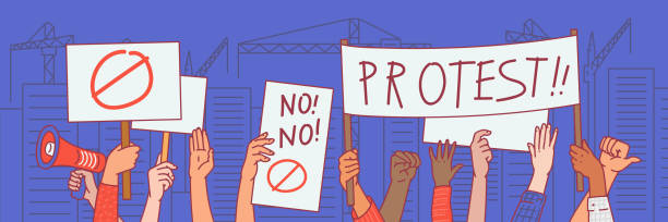 ilustraciones, imágenes clip art, dibujos animados e iconos de stock de las manos de los manifestantes sosteniendo carteles dibujan la ilustración vectorial en azul. - picket line strike picket protestor