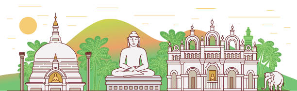 Banner with Sri Lanka landmarks and Buddha sketch cartoon vector illustration. Banner background with Sri Lanka famous landmarks and Buddha statue, sketch cartoon vector illustration on white background. Traveling and tourism to Asia topic. sri lanka skyline stock illustrations