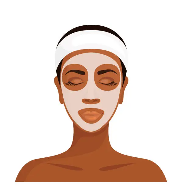 Vector illustration of African woman with a cosmetic mask on her face and closed eyes, vector.