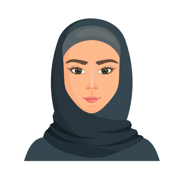 Young arab girl in hijab. Vector. Muslim. Muslim woman in hijab. Portrait of a young arab girl in traditional dress. Vector avatar in cartoon style. Islam with a scarf on her head burka stock illustrations