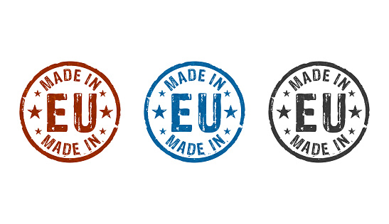 Made in EU, Europe, European Union stamp icons in few color versions. Factory, manufacturing and production country concept 3D rendering illustration.