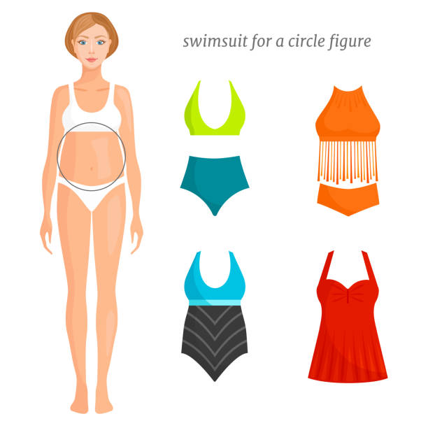 ilustrações de stock, clip art, desenhos animados e ícones de women's swimsuit for the type of figure circle. selection of fashion model swimsuit. vector. - halter top