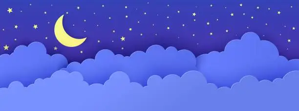 Vector illustration of Night sky in paper cut style. 3d background with dark cloudy landscape with stars and moon papercut art. Cute cardboard origami clouds. Vector card for wish good night sweet dreams.