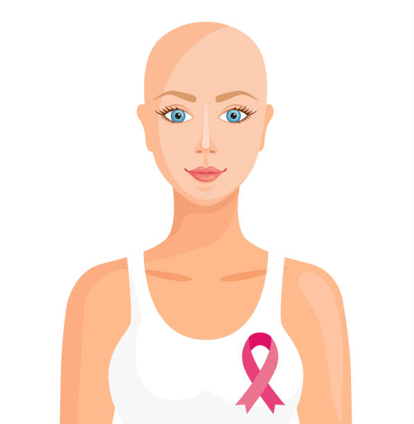 ilustrações de stock, clip art, desenhos animados e ícones de symbol of the fight against breast cancer. a girl with cancer. vector banner. - mulher careca